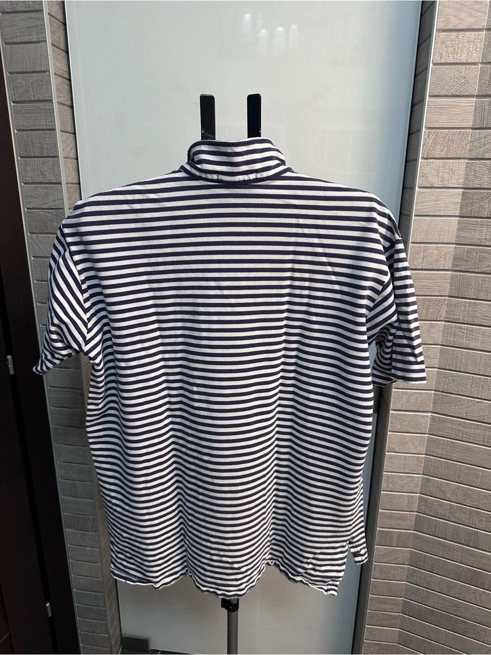 Ralph Lauren Navy and White Striped Polo with Gold Pony Emblem